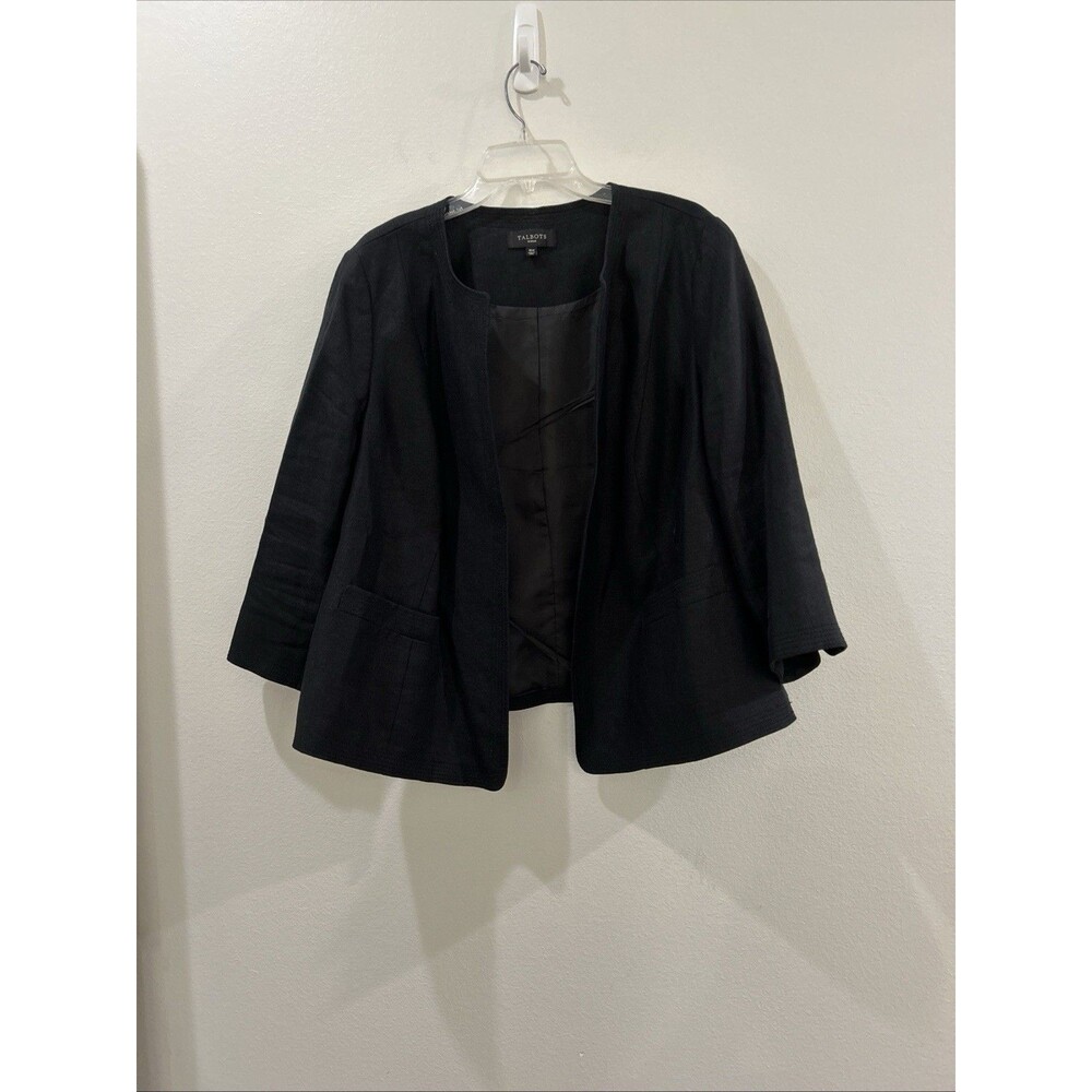 Talbots Womans Sz 16w Modern Black Linen Open Front Lined Jacket/Blazer